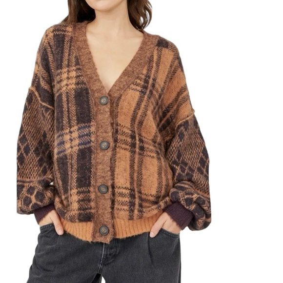 Free People Sweaters - Free People Sepia Plaid Jacquard Oversized Cardigan Brown Size Small OB1530739